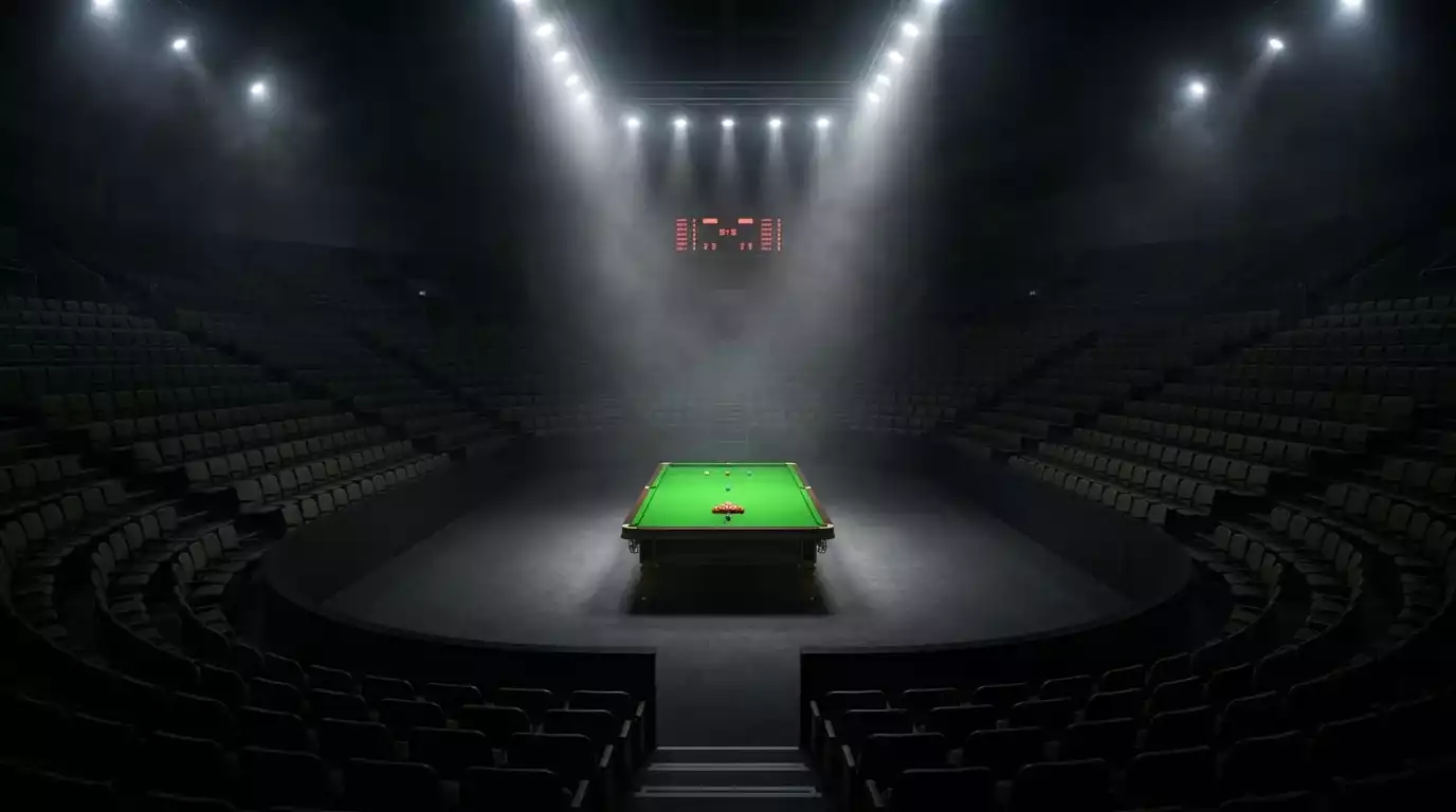 Interior de uma arena de snooker com iluminação focada na mesa durante um torneio profissional