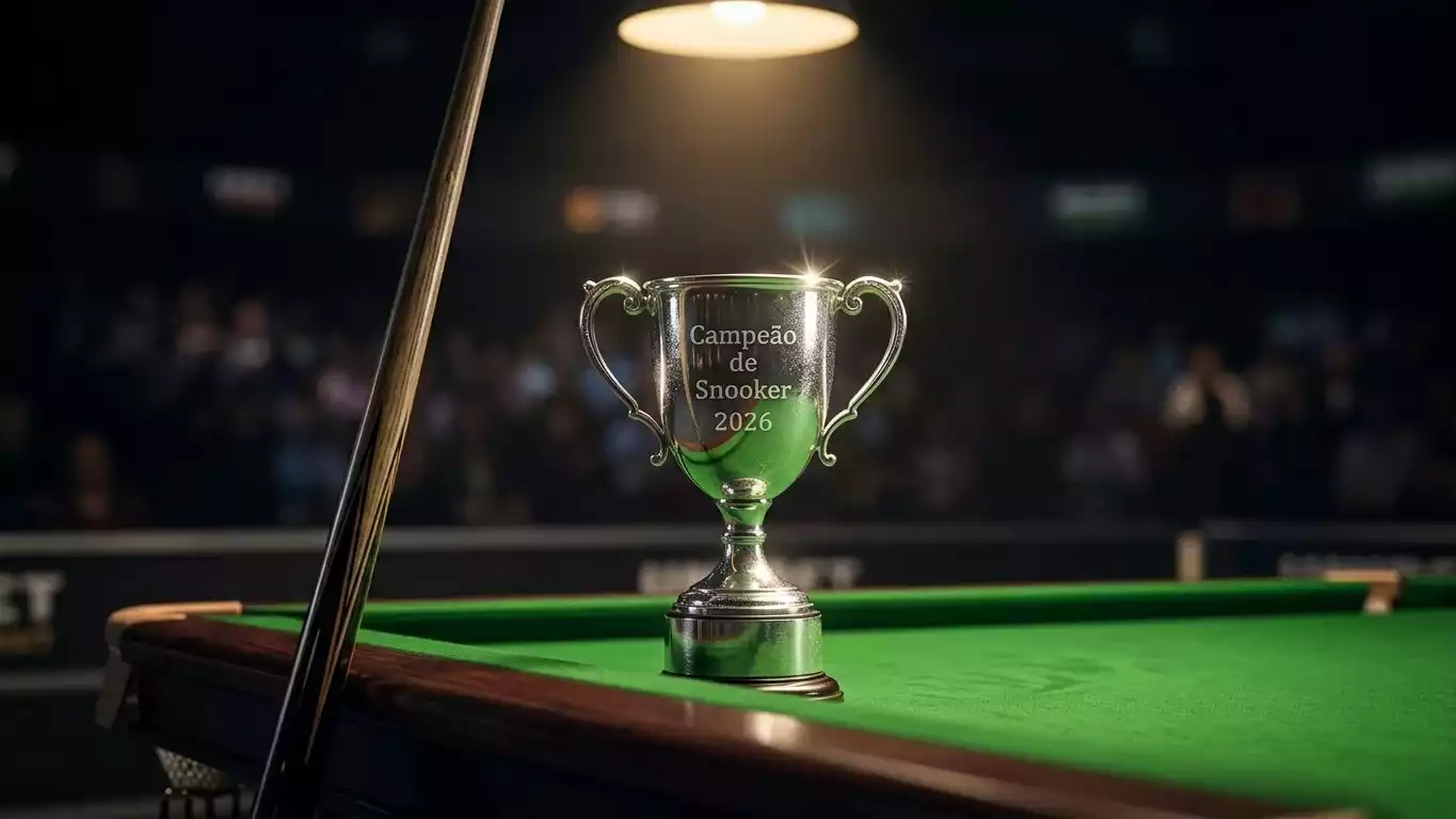Trofeu de torneio de snooker sobre mesa verde com taco e bolas ao fundo