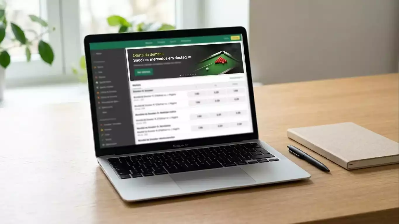 Ecra de plataforma de apostas com secao de bonus e promocoes para snooker