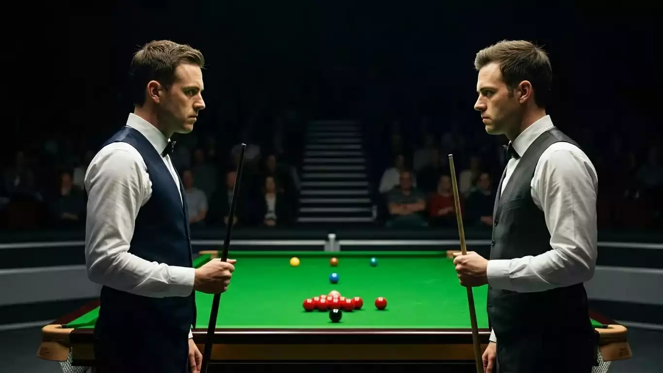Dois jogadores de snooker frente a frente junto a mesa de competicao profissional