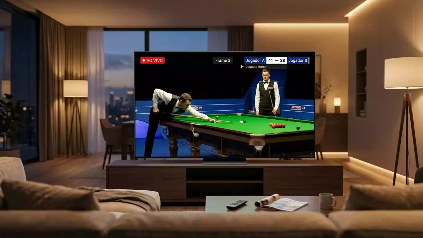 Ecra de televisao com transmissao ao vivo de match de snooker profissional