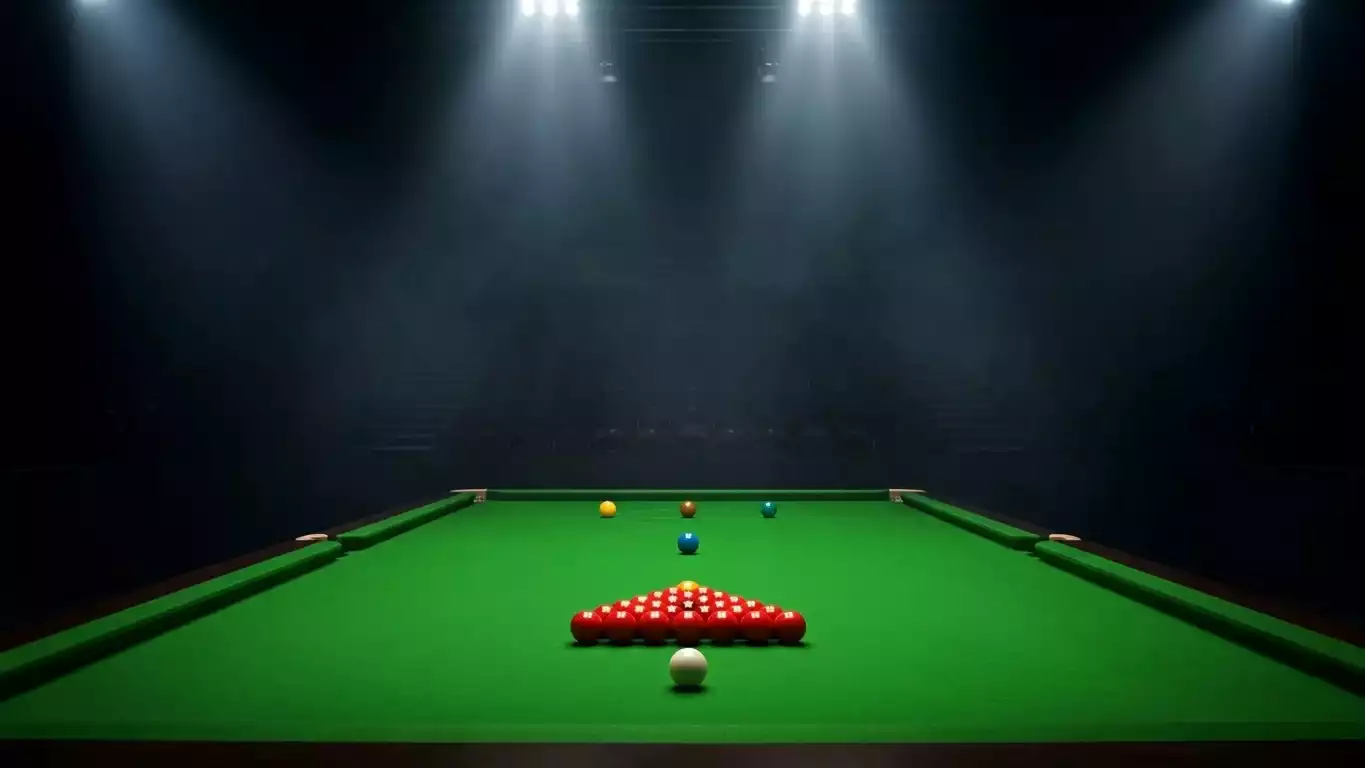 Mesa de snooker vazia sob iluminacao de competicao com ambiente de torneio profissional