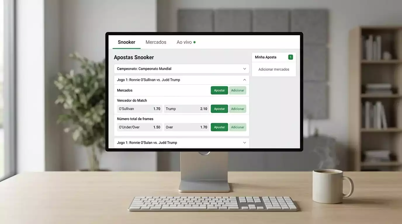 Ecra de computador com plataforma de apostas desportivas mostrando mercados de snooker