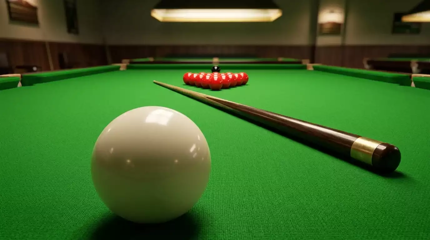 Mesa de snooker com bolas posicionadas e taco de jogo para apostas em mercados de snooker
