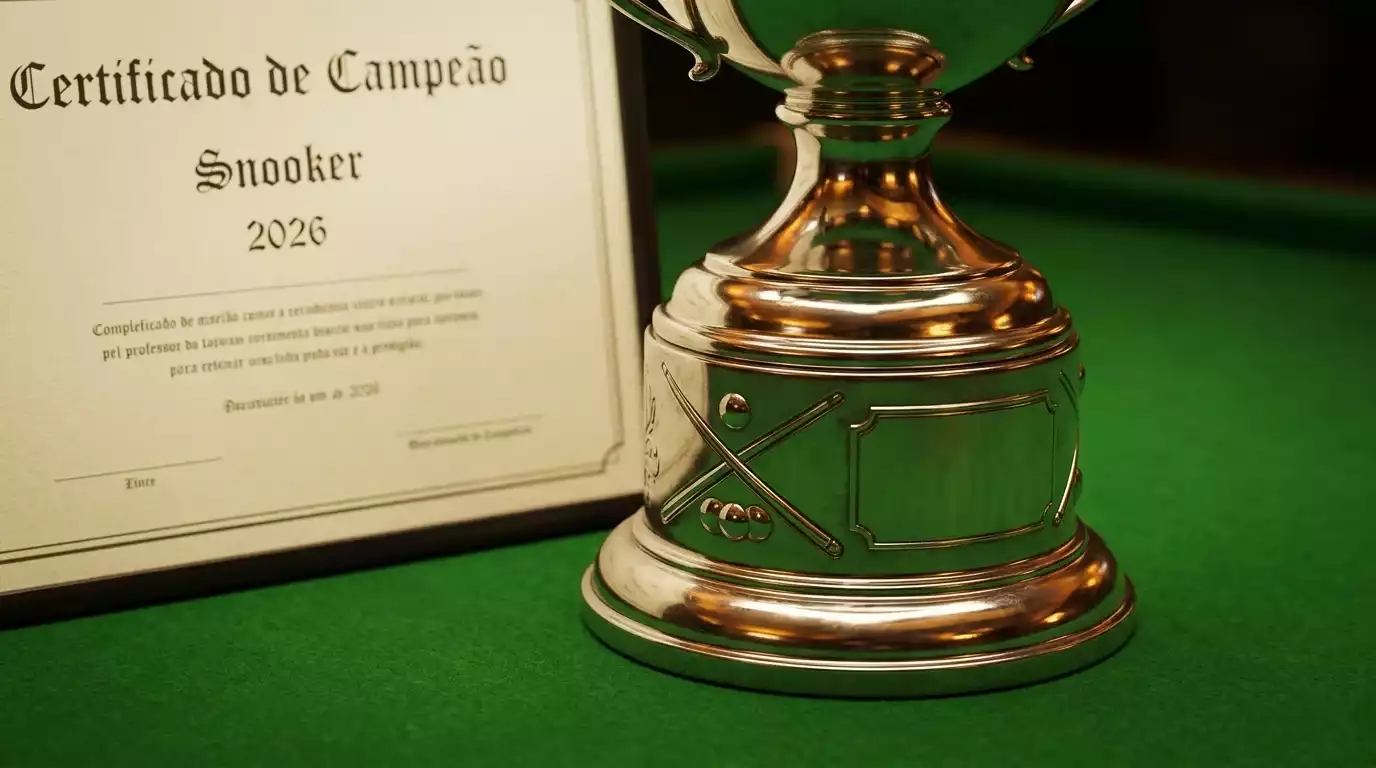 Trofeu e cheque de premio de torneio de snooker profissional sobre mesa verde