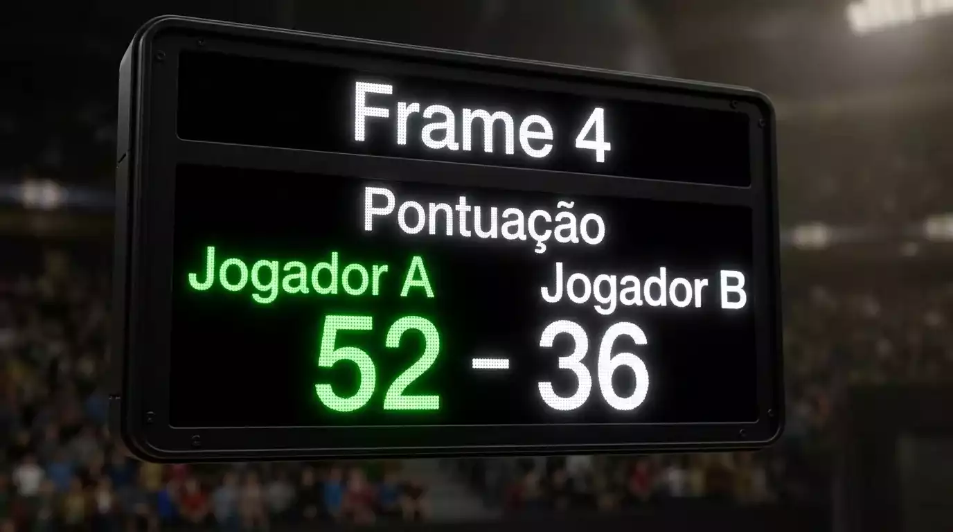 Marcador de snooker com resultado em frames durante match profissional