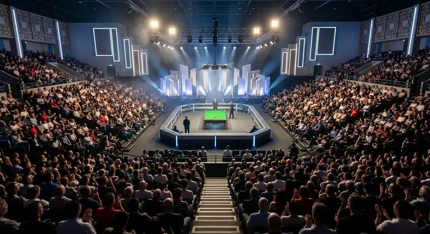 Sala de snooker profissional com mesa de competicao e plateia em torneio asiatico
