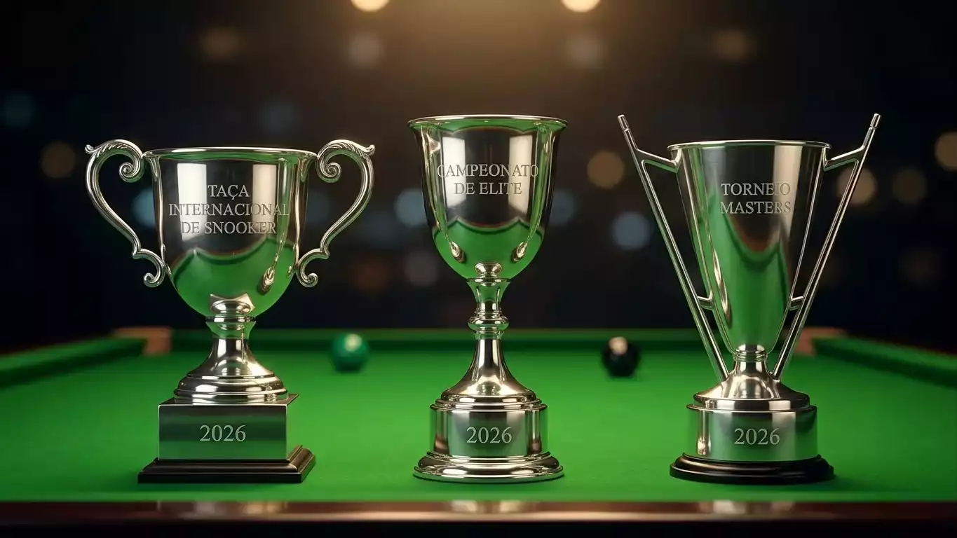 Troféus dos três torneios da Triple Crown do snooker alinhados sobre pano verde