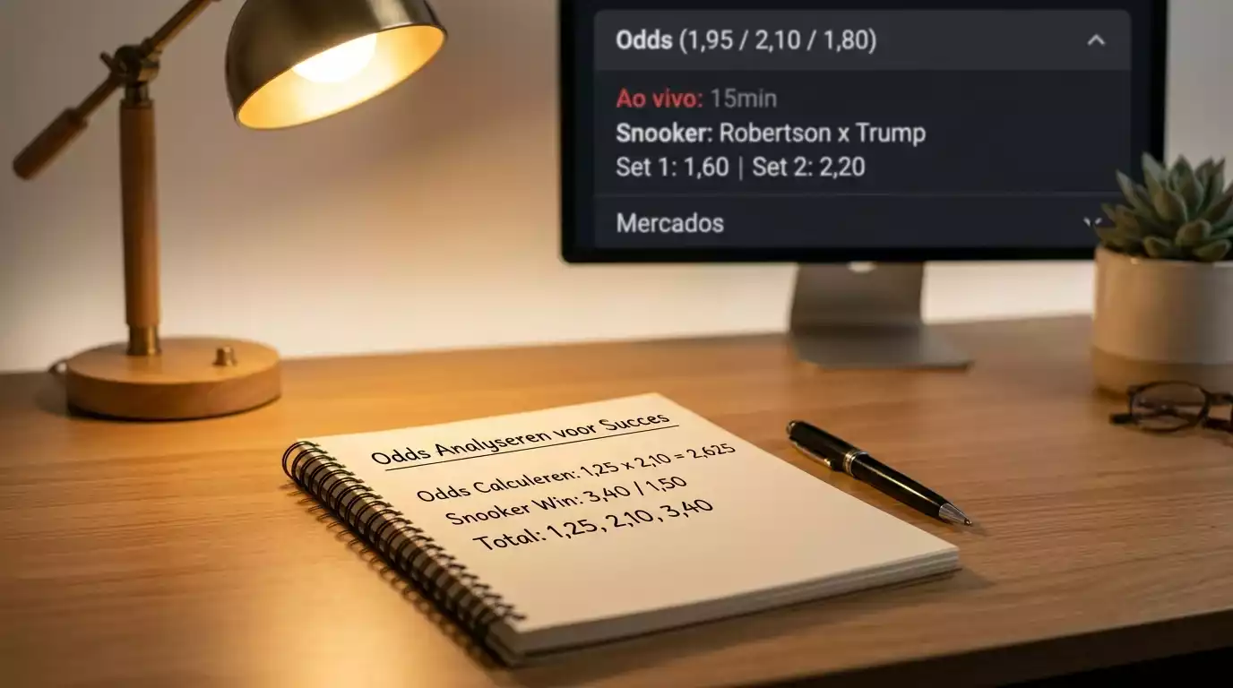 Caderno com calculos de expected value e odds de snooker sobre mesa de trabalho