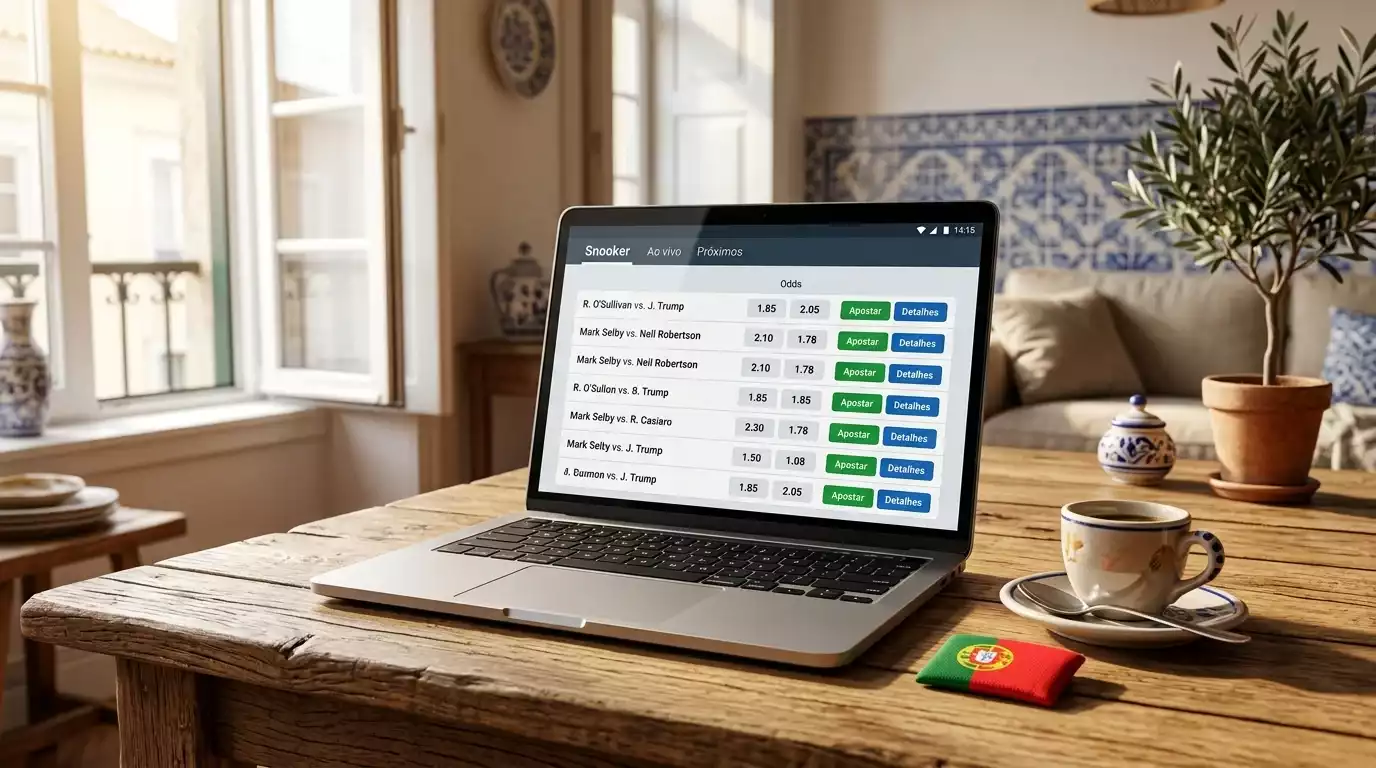 Painel de odds de snooker num ecrã de computador com bandeira portuguesa ao fundo