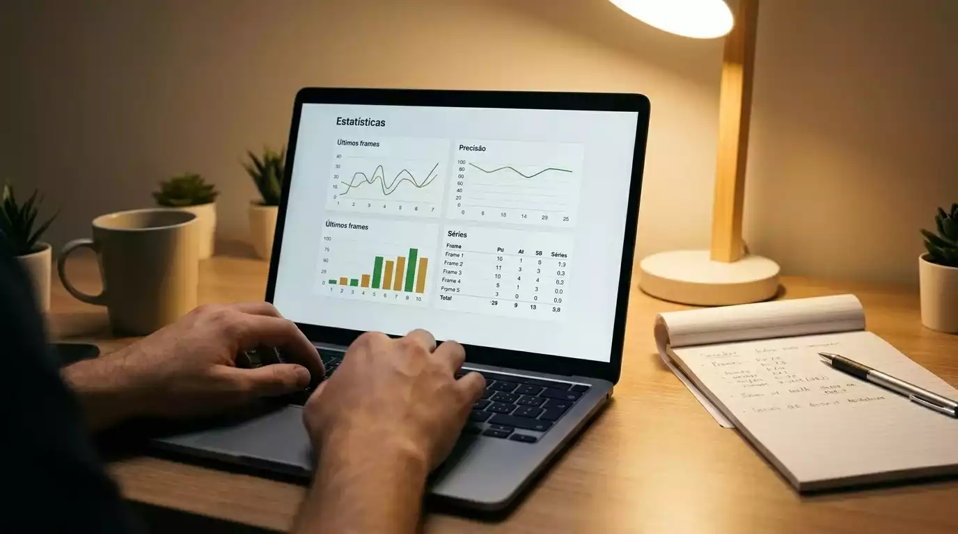Pessoa a analisar odds de snooker num portátil com bloco de notas e caneta ao lado