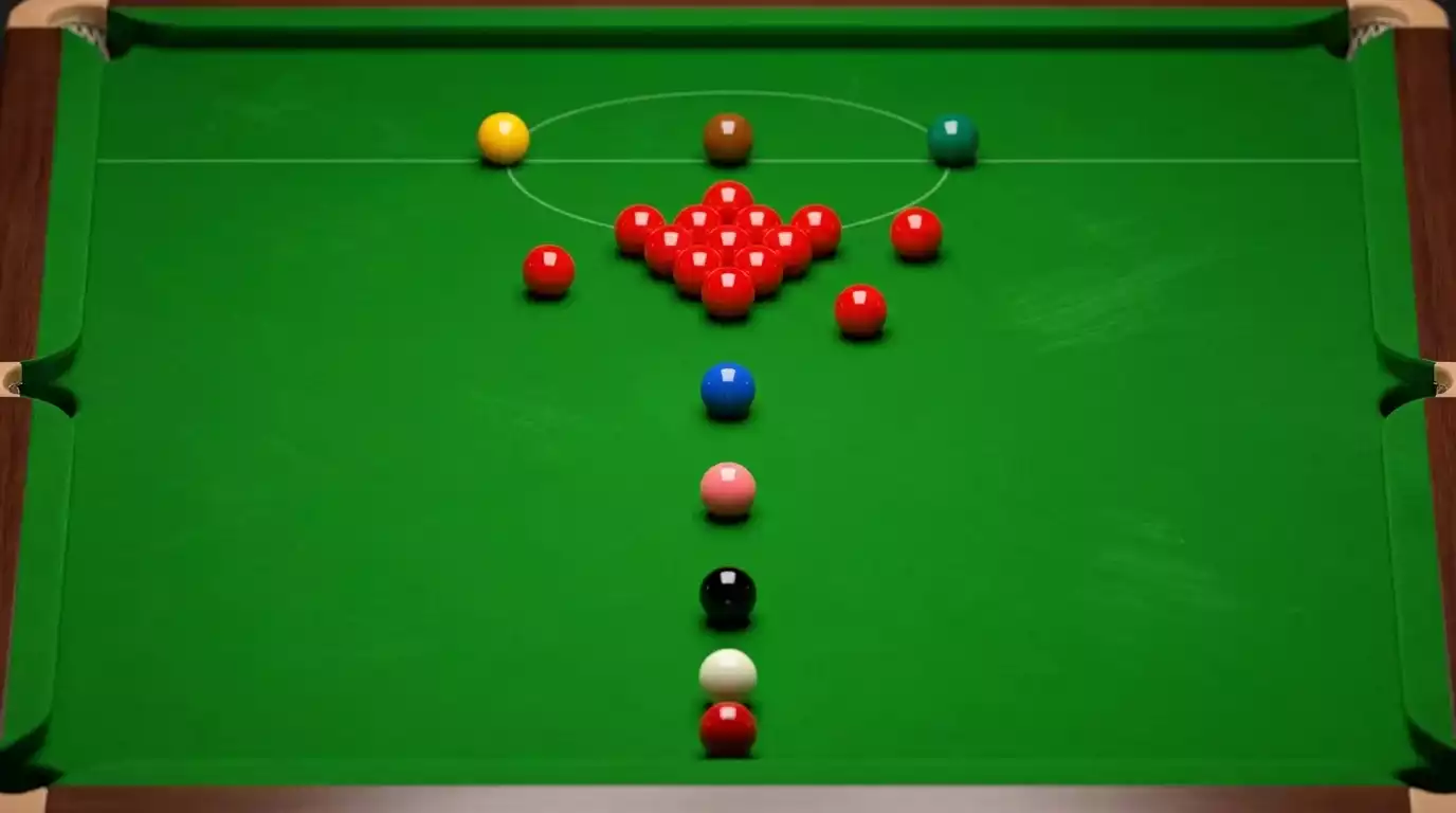 Vista aproximada de uma mesa de snooker com bolas vermelhas agrupadas e bola branca posicionada para break